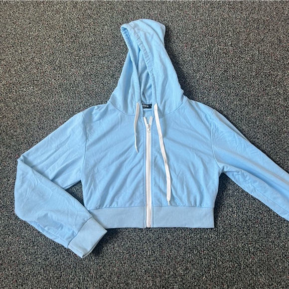 SHEIN Light Pastel Blue & White Zip Up Cropped Hoodie Sweater Lightweight Top S - Picture 2 of 12